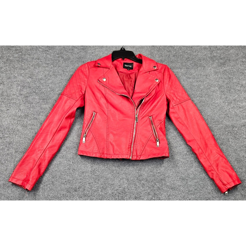 Boohoo Womens Red Faux Leather Moto Jacket Quilted Biker Asymmetric Zip Small